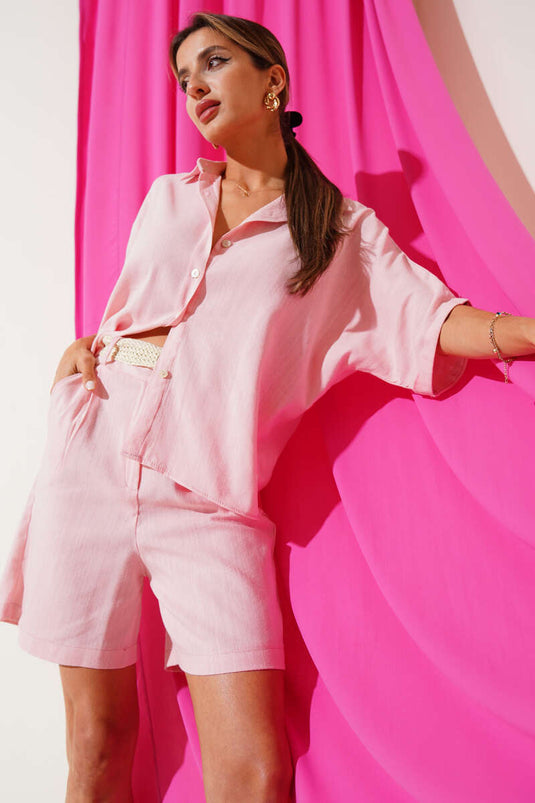 Ensemble deux pièces avec ceinture à cordon et short, rose poudré