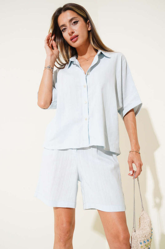 طقم شورت من قطعتين مع حزام برباط، لون أخضر مائي