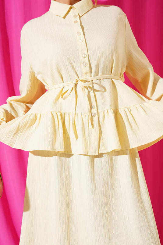 Rope Belted Tree Bark Skirt Two Piece Set Yellow