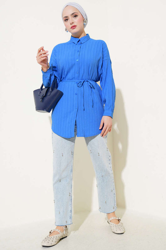 Rope Belted Tree Bark Shirt Blue