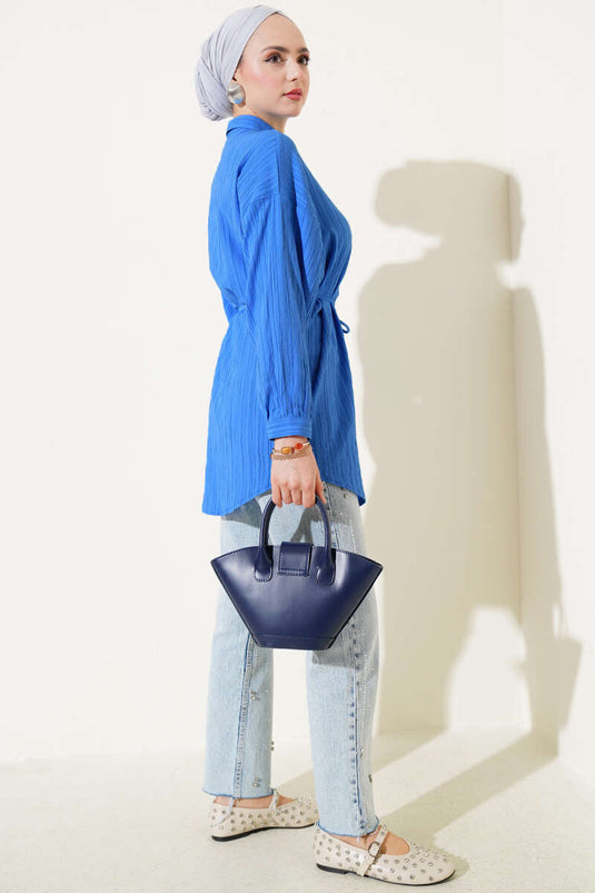 Rope Belted Tree Bark Shirt Blue