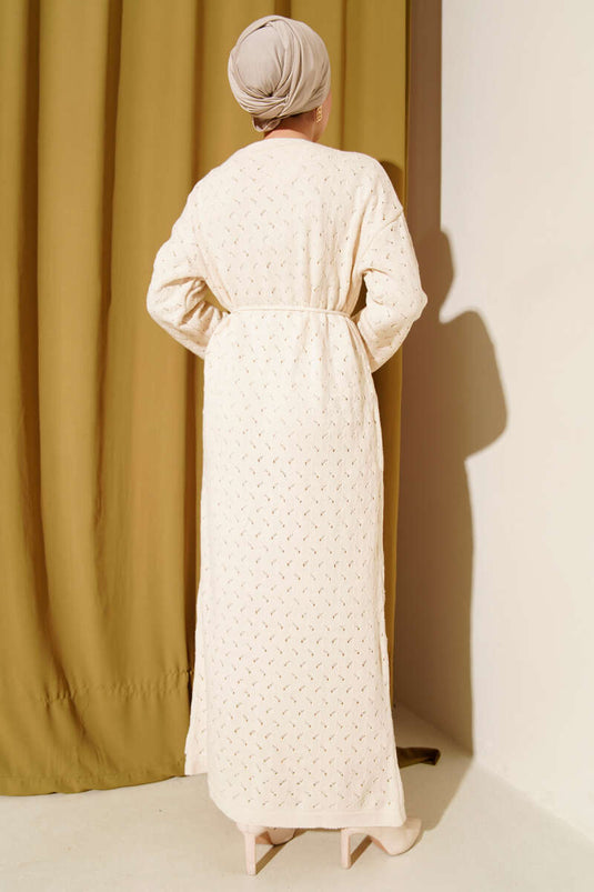 İp Kuşaklı Ajurlu Triko Elbise Ekru