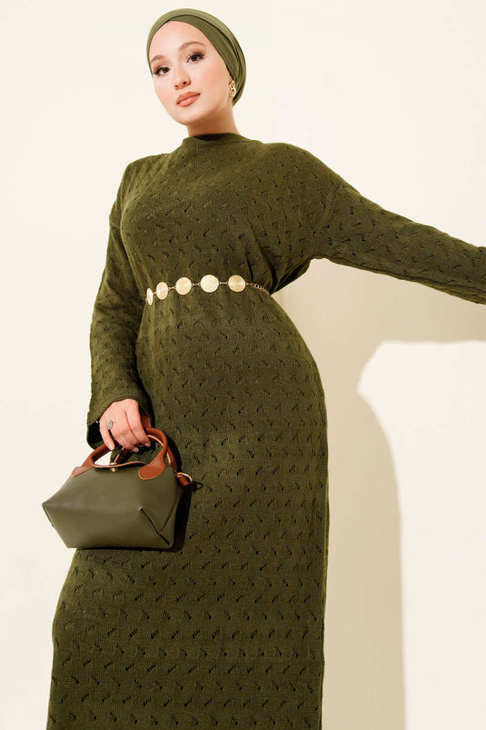 İp Kuşaklı Ajurlu Triko Elbise Haki