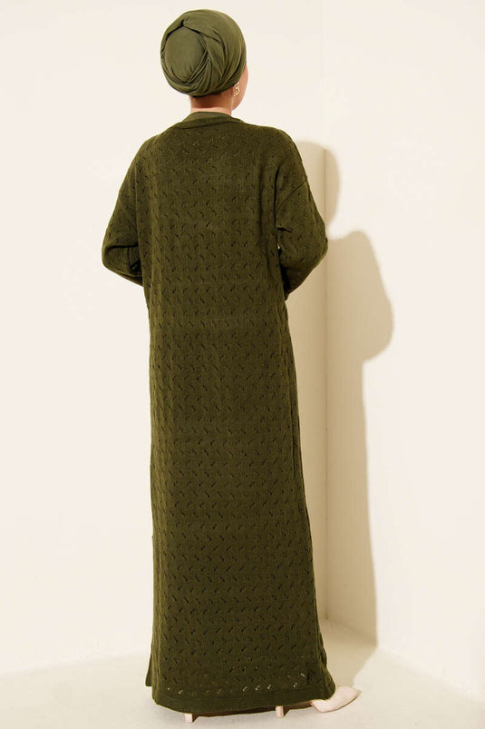 İp Kuşaklı Ajurlu Triko Elbise Haki