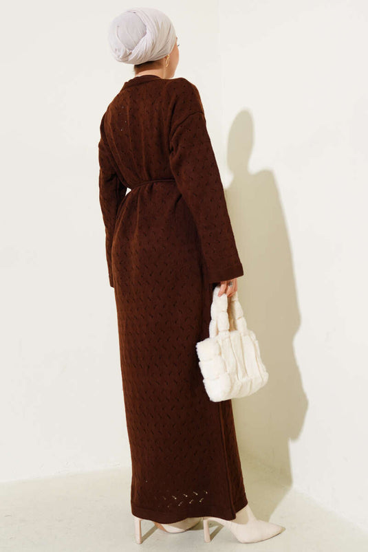 Robe en maille ajourée avec ceinture en corde, marron