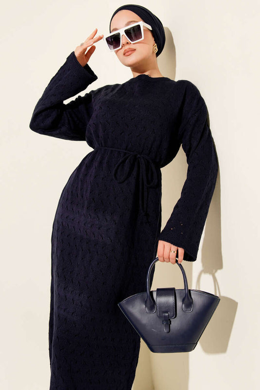 İp Kuşaklı Ajurlu Triko Elbise Lacivert