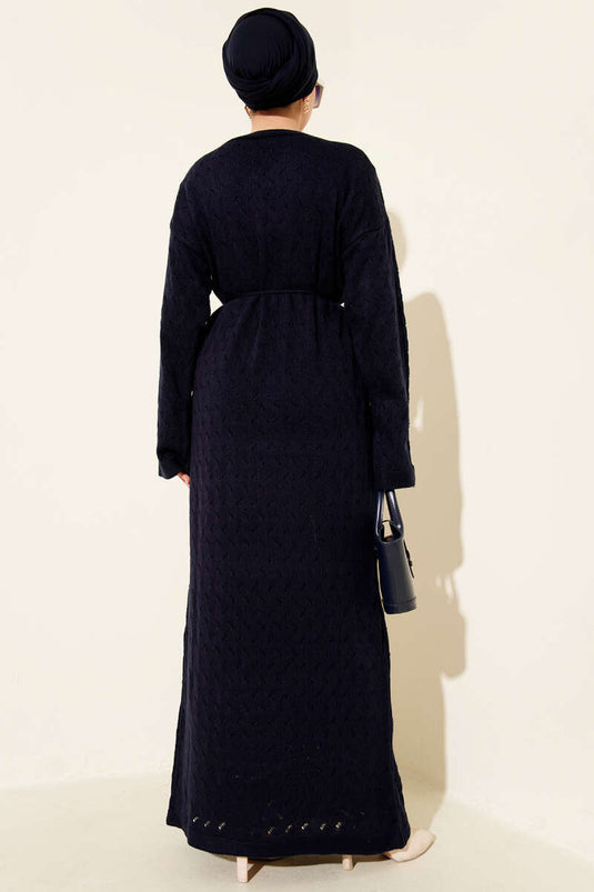 İp Kuşaklı Ajurlu Triko Elbise Lacivert