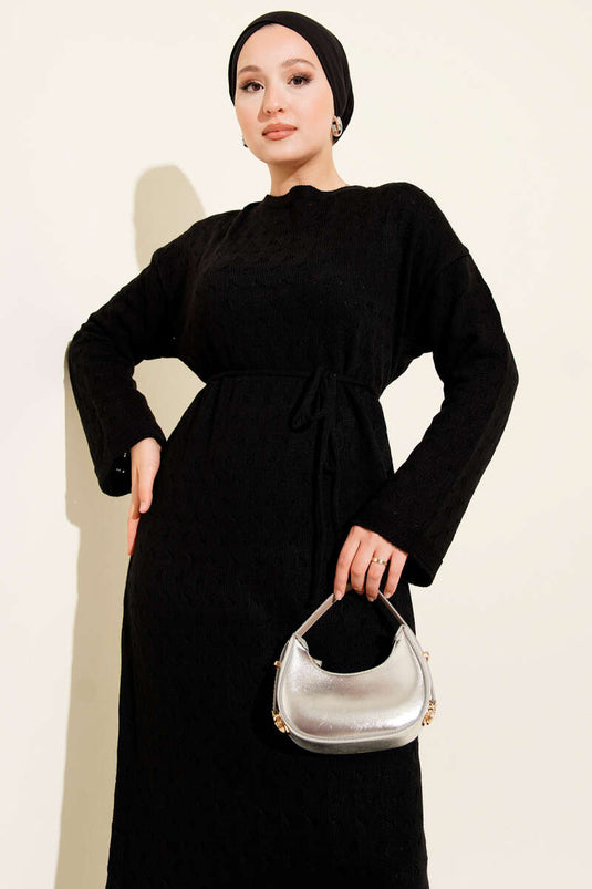 İp Kuşaklı Ajurlu Triko Elbise Siyah