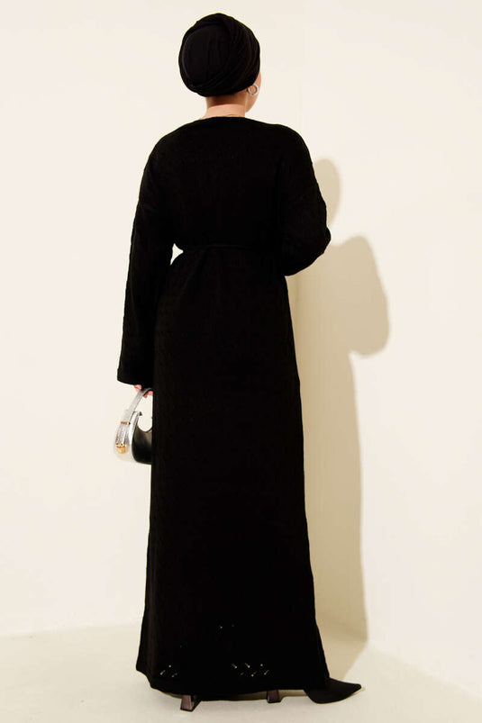 İp Kuşaklı Ajurlu Triko Elbise Siyah