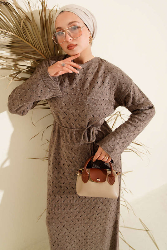 İp Kuşaklı Ajurlu Triko Elbise Vizon