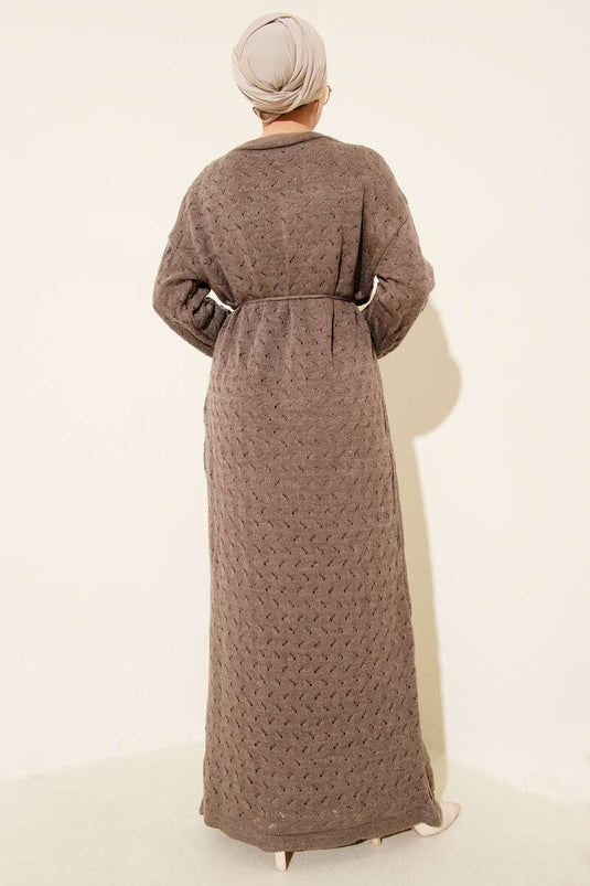 İp Kuşaklı Ajurlu Triko Elbise Vizon