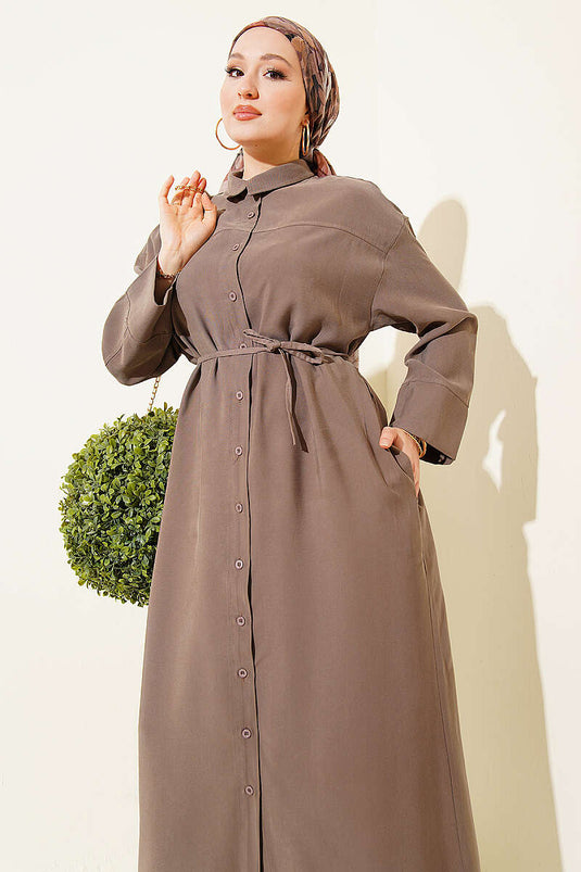 Robe longue en tensel avec ceinture à cordon et boutons, couleur vert olive