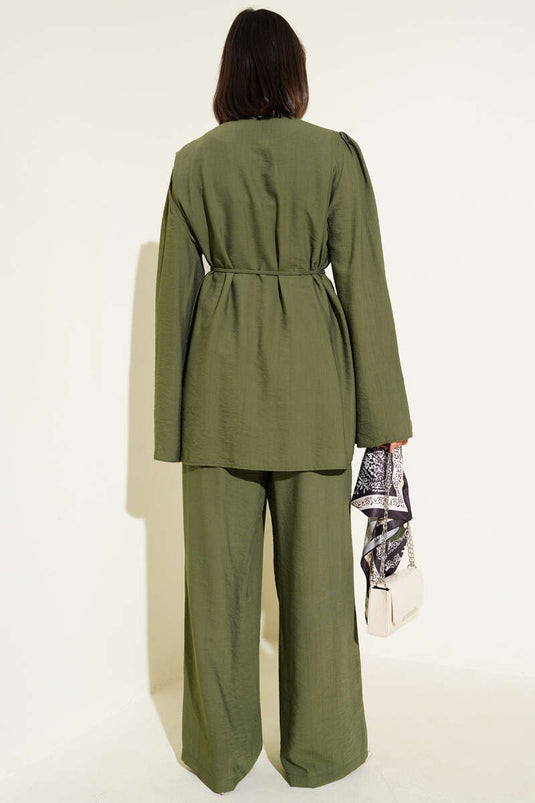 Rope Belted Brit Buttoned Two Piece Suit Khaki