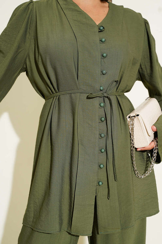 Rope Belted Brit Buttoned Two Piece Suit Khaki