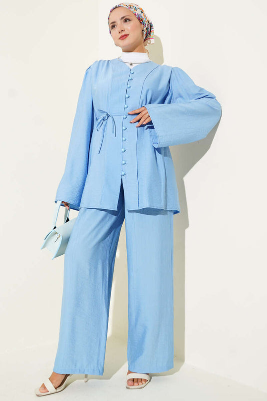 Two-Piece Set with Belt and British Button Closure, Blue