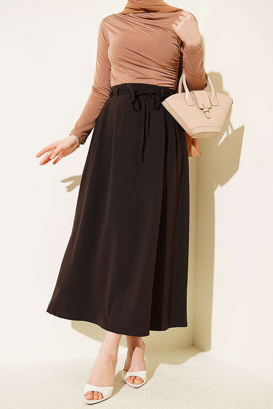 Double Pleated Skirt with Rope Belt Dark Brown