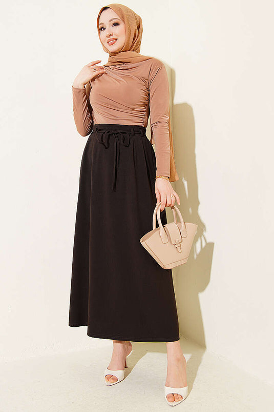 Double Pleated Skirt with Rope Belt Dark Brown