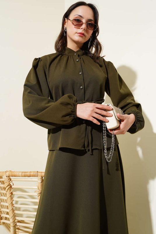 Two Piece Suit with Rope Belt and Buttoned Skirt Khaki