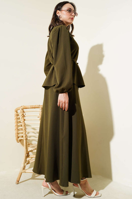 Two Piece Suit with Rope Belt and Buttoned Skirt Khaki