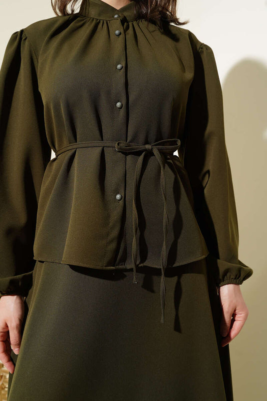 Two Piece Suit with Rope Belt and Buttoned Skirt Khaki