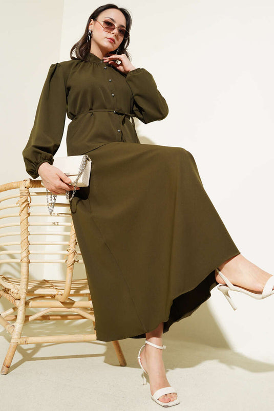 Two Piece Suit with Rope Belt and Buttoned Skirt Khaki