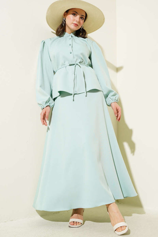 Two Piece Suit with Rope Belt and Buttoned Skirt, Mint