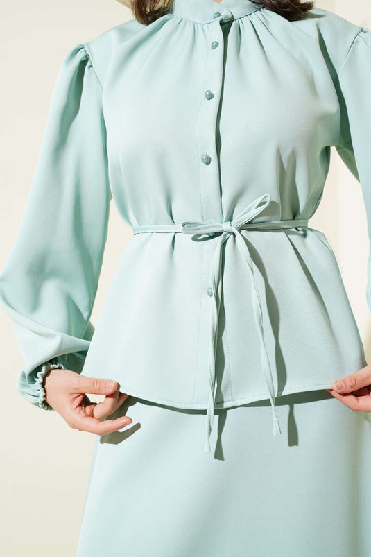 Two Piece Suit with Rope Belt and Buttoned Skirt, Mint