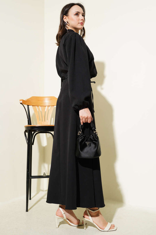 Two Piece Suit with Rope Belt and Buttoned Skirt in Black