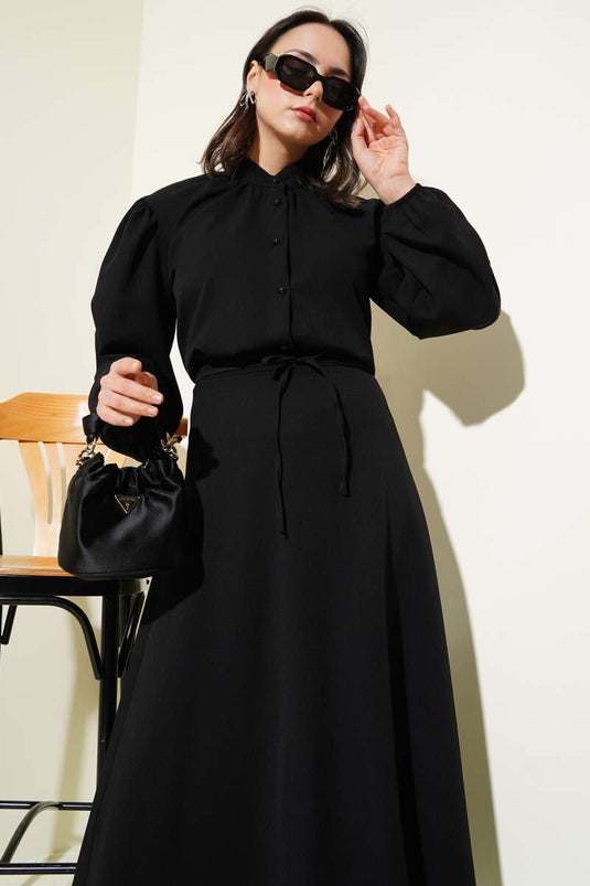 Two Piece Suit with Rope Belt and Buttoned Skirt in Black