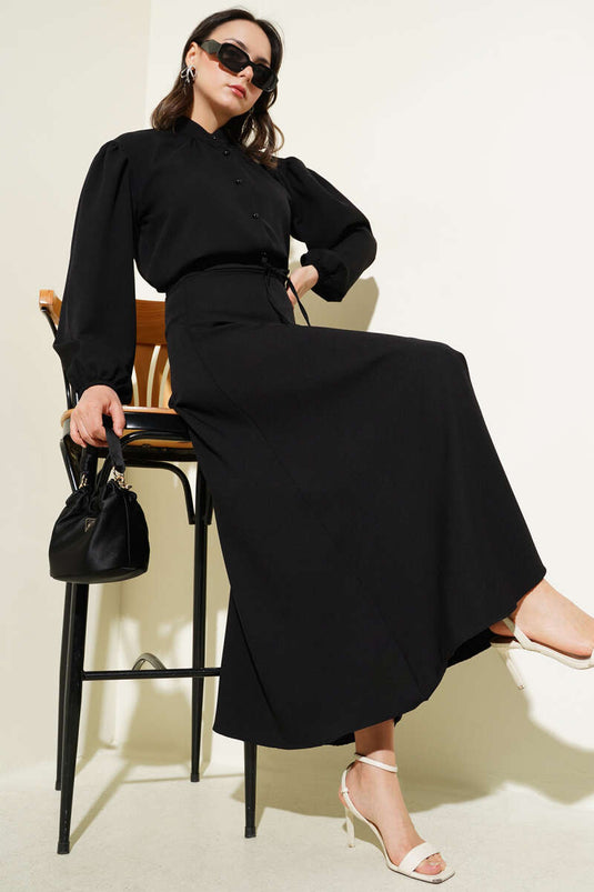 Two Piece Suit with Rope Belt and Buttoned Skirt in Black