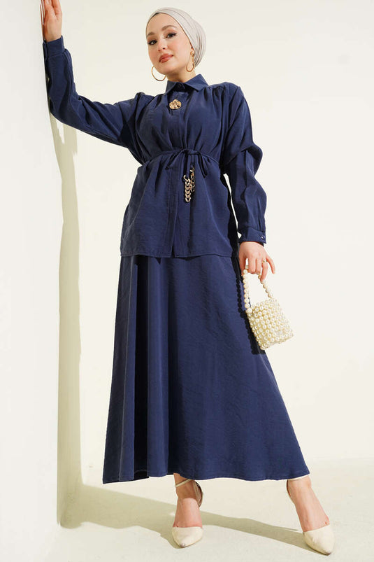 Double Set with Rope Belt and Skirt, Tencel, Indigo