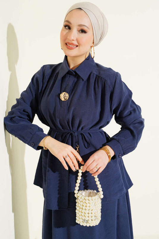 Double Set with Rope Belt and Skirt, Tencel, Indigo