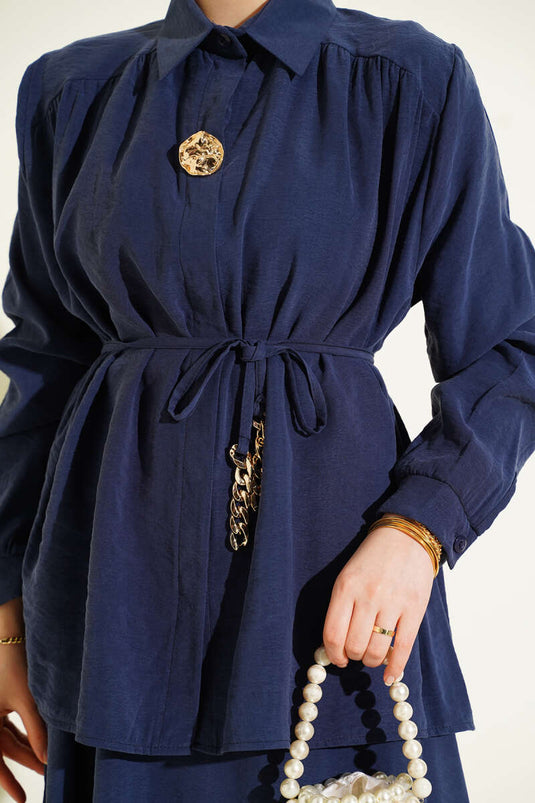 Double Set with Rope Belt and Skirt, Tencel, Indigo
