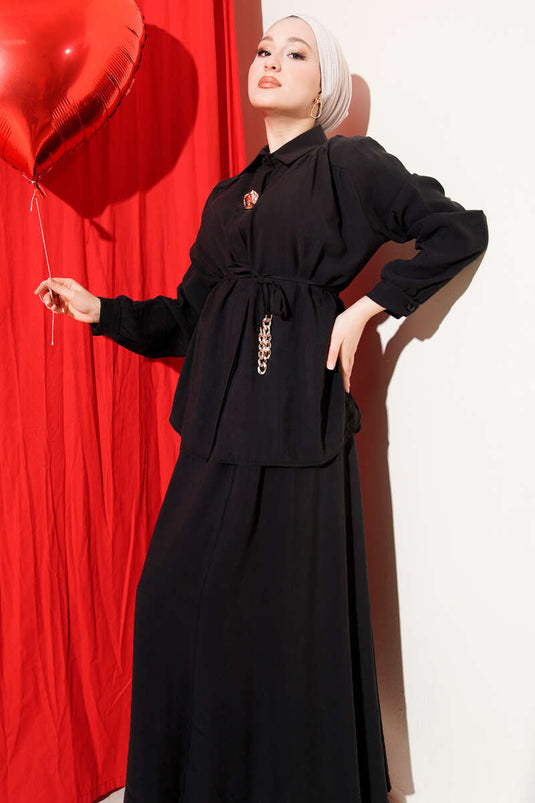 Black Two-Piece Set with Rope Belt and Skirt Made of Tencel