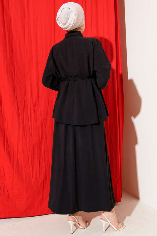 Black Two-Piece Set with Rope Belt and Skirt Made of Tencel