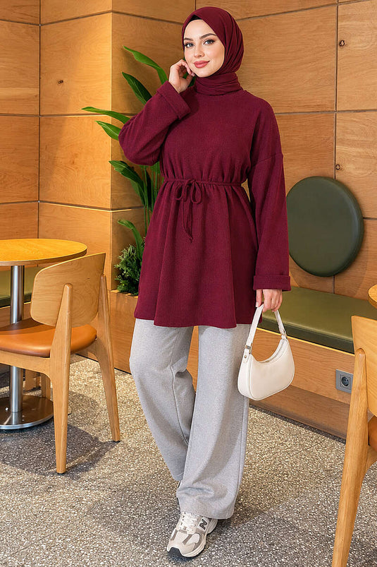 İp Kuşaklı Fitilli Tunik Mürdüm