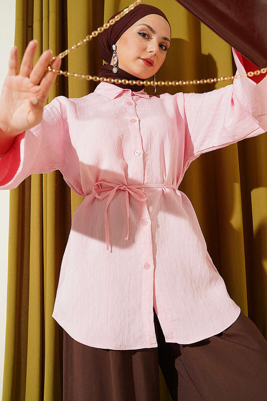 Chemise en modal à manches larges avec ceinture en corde rose