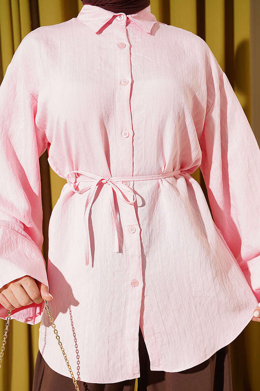 Chemise en modal à manches larges avec ceinture en corde rose