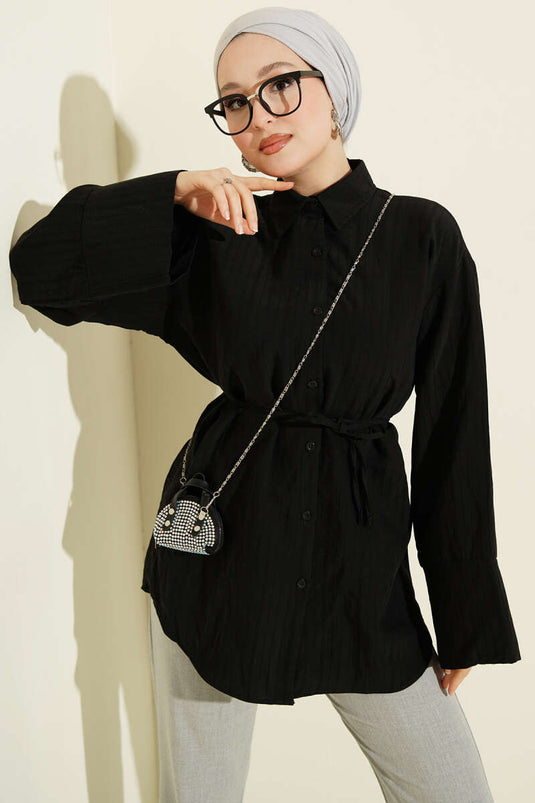 Chemise en modal à manches larges avec ceinture en corde noire