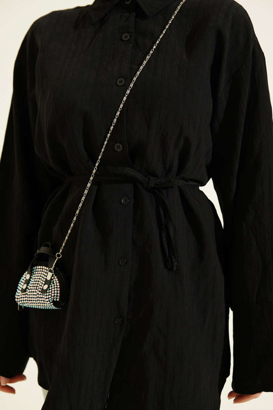 Chemise en modal à manches larges avec ceinture en corde noire