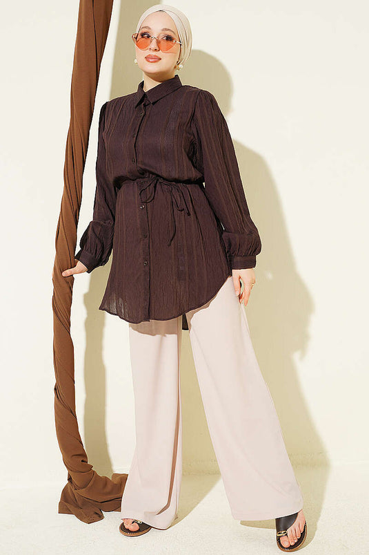 Chemise À Ceinture Tressée À Rayures En Brun Épicé