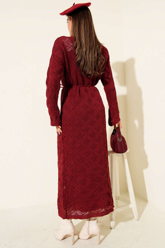 İp Kuşaklı Kare Ajurlu Triko Elbise Bordo