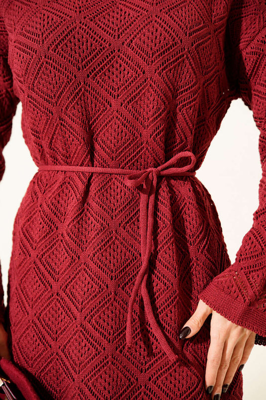 İp Kuşaklı Kare Ajurlu Triko Elbise Bordo