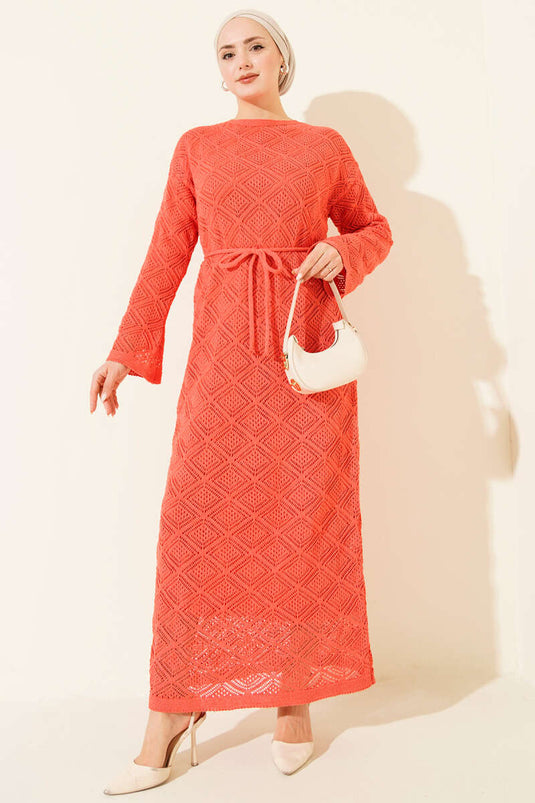 Abito in maglia a quadri traforati con cintura a corda color rosa antico