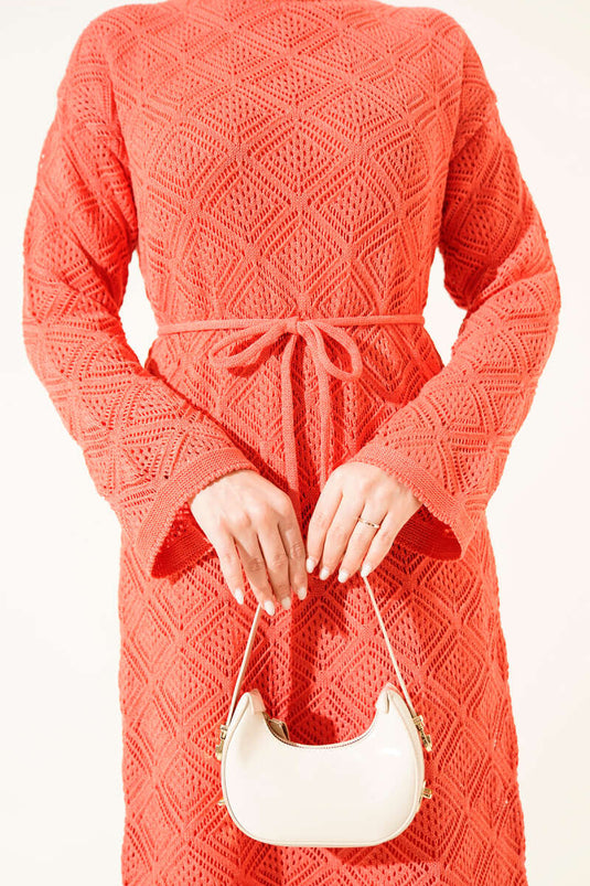 Abito in maglia a quadri traforati con cintura a corda color rosa antico