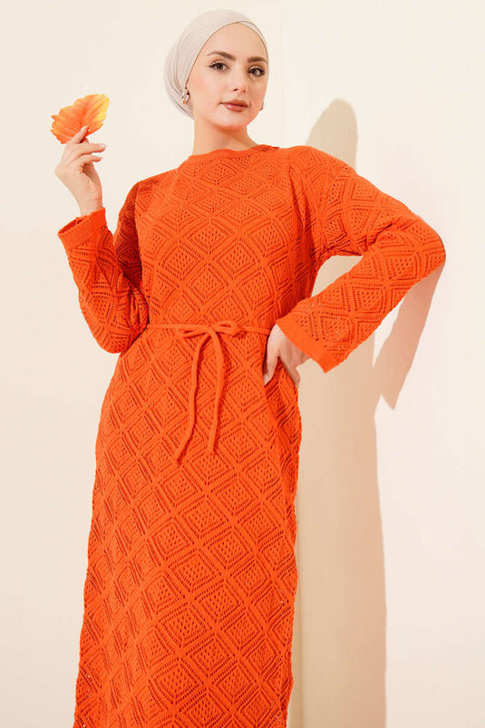 Rope Belted Square Openwork Knit Dress Orange