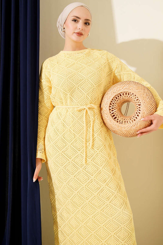 Rope Belted Square Openwork Knit Dress Yellow