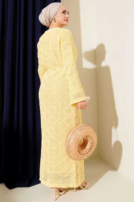Rope Belted Square Openwork Knit Dress Yellow