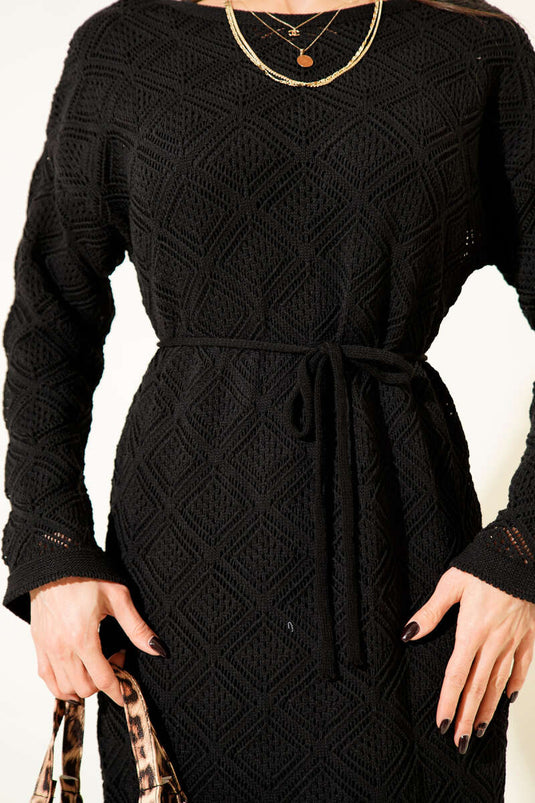 Rope Belt Square Openwork Knit Dress Black
