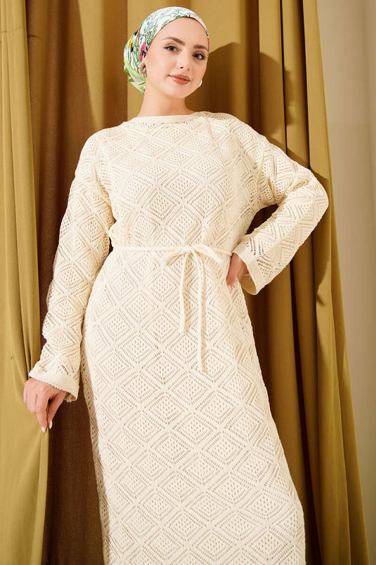 Rope Belt Square Openwork Knit Dress Stone